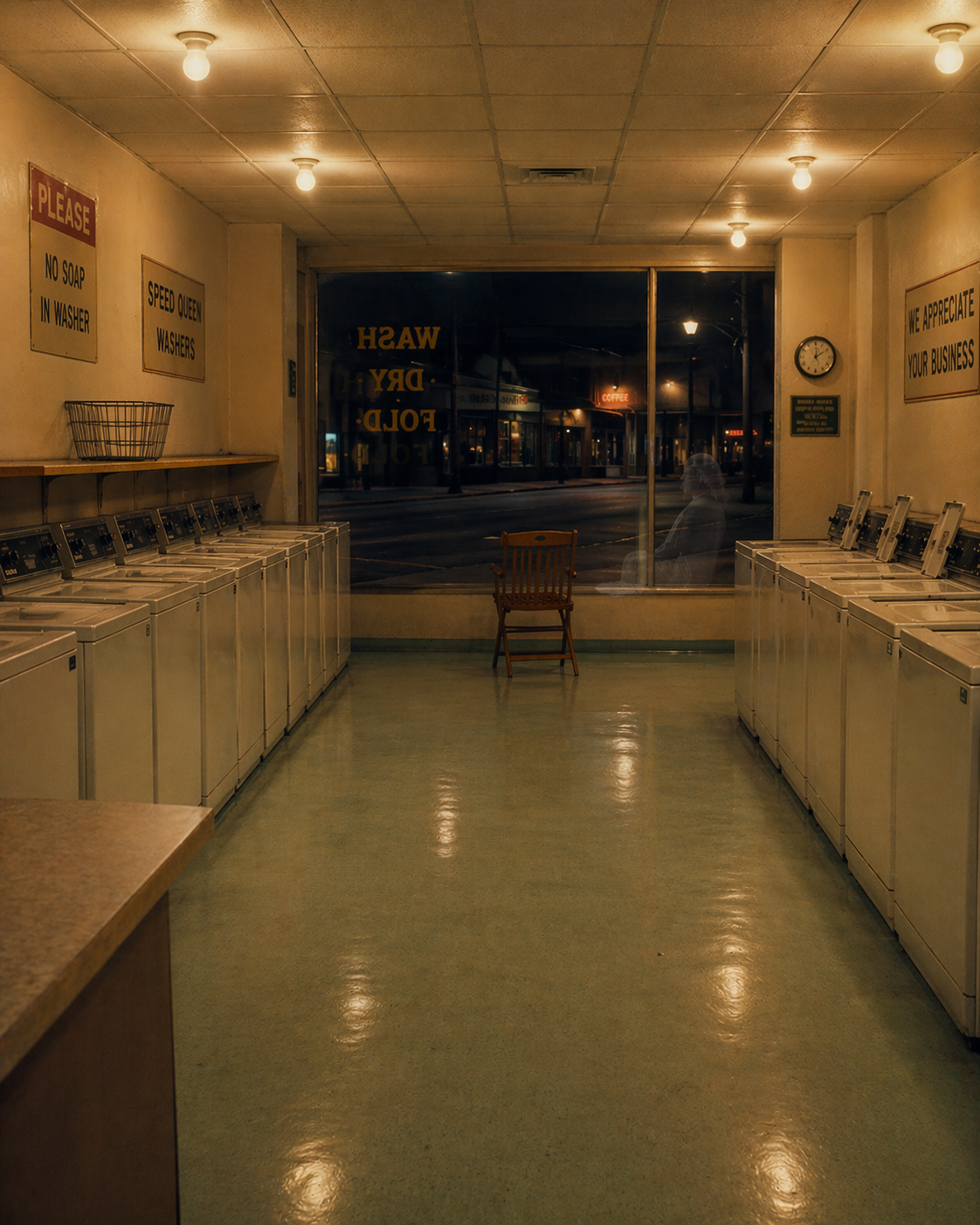 Phantom Fluff Laundromat interior at night, rows of pastel Speed Queen washers under warm tungsten light.