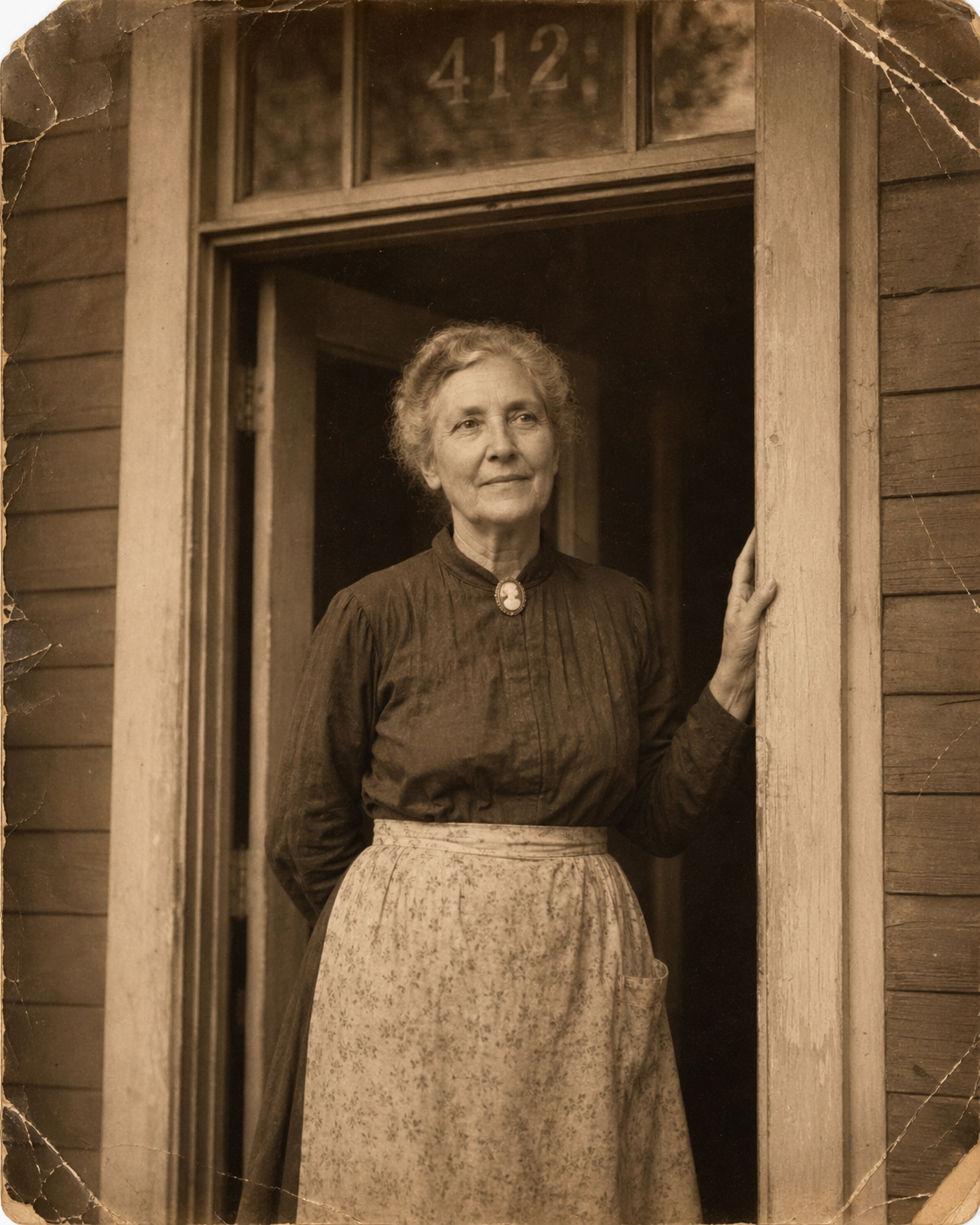 Mildred Pemberton standing in the doorway of the boarding house at 412 Chase Street, circa 1938.